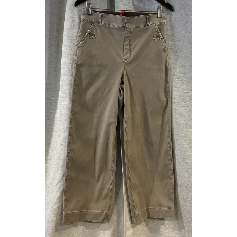 Spanx Stretch Twill Wide Leg Crop Pants Women Large Khaki Tan High Rise Pull On
